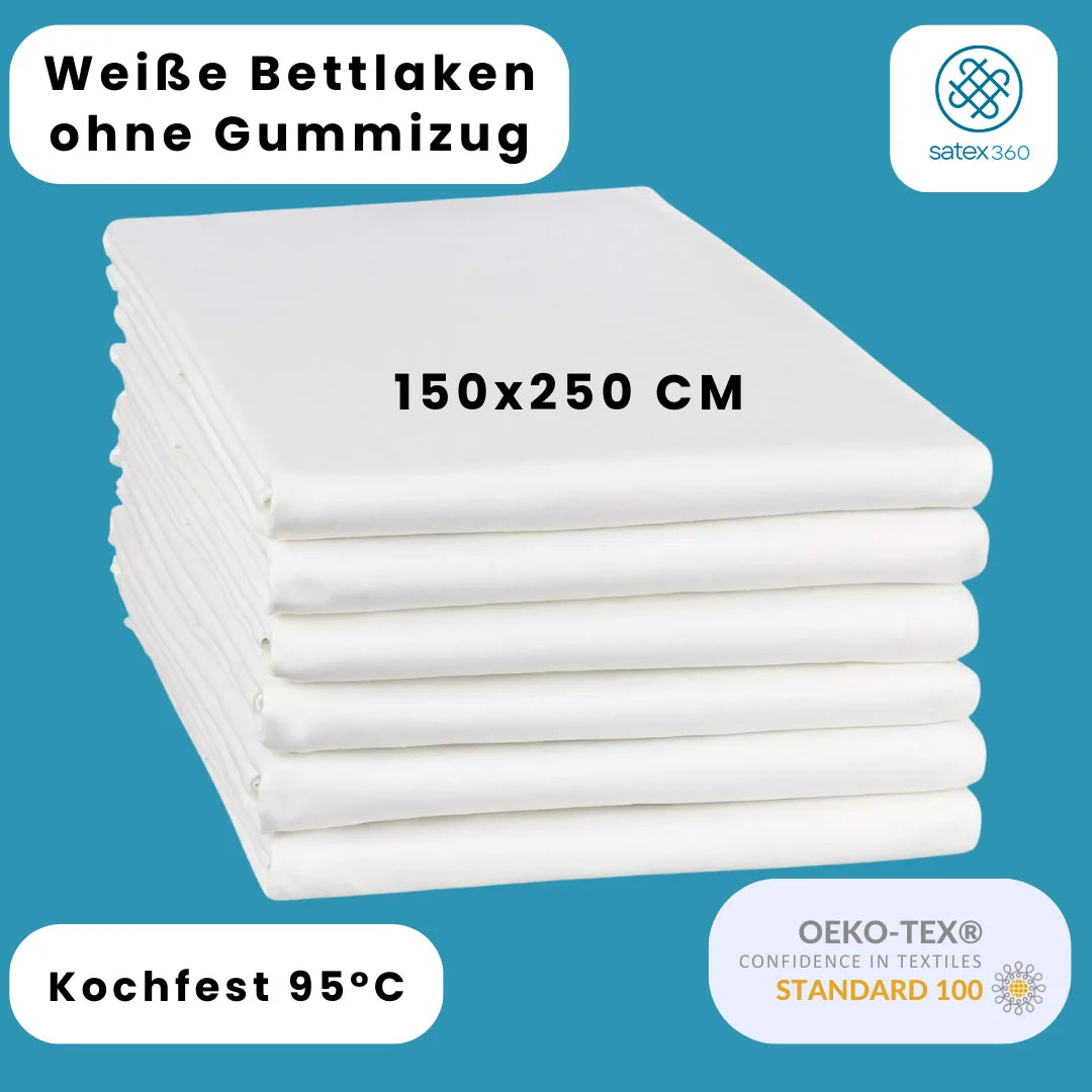 Weiße Bettlaken ohne Gummizug Hotel Laken Haustuch Betttuch Kochfest 95°C 100 % Baumwolle 150*250